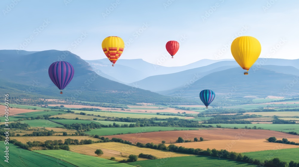 Obraz premium Colorful Hot Air Balloons Over Scenic Fields and Mountainscape