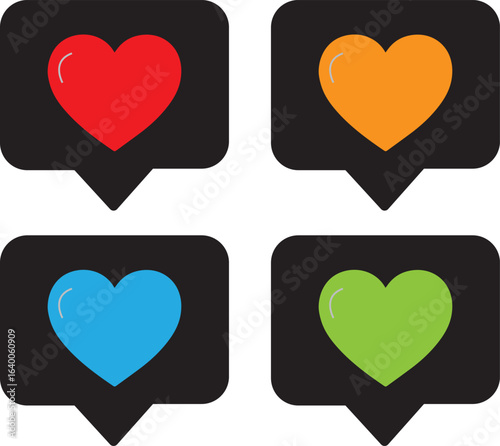 Set of colorful heart icons inside chat bubbles for social media likes and favorites