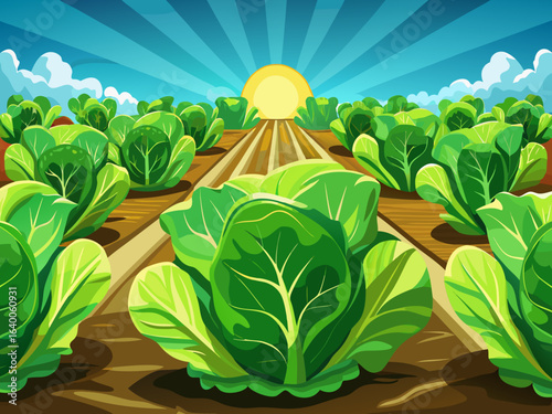 vector of Green lettuce planted in the ground, with sunlight that doubles the beauty...