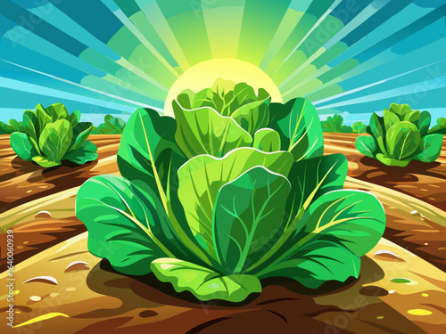 vector of Green lettuce planted in the ground, with sunlight that doubles the beauty...