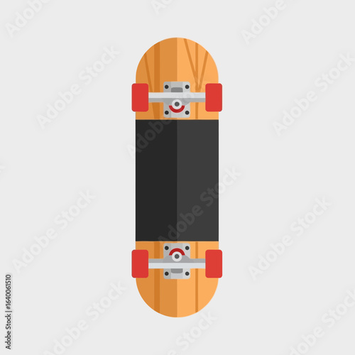 Wooden skateboard with red wheels on a light gray background.