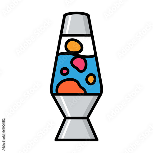 A lava lamp with colorful blobs floating in blue liquid.