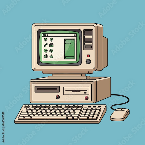 Vintage computer with monitor keyboard and mouse on blue background.