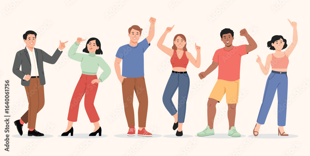 Fototapeta premium Set of Diverse Cartoon Characters Pointing, Standing Isolated on White Background, Vector Illustration Featuring Multiracial People in Various Outfits and Expressive Gestures