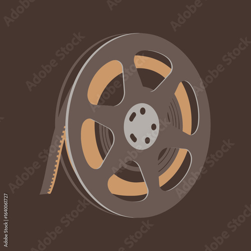 Vintage film reel on a dark brown background.
