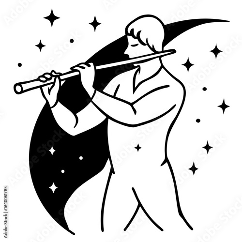 Man playing flute under a crescent moon with stars