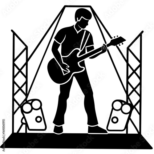 Guitarist performing on stage with spotlights and trussing