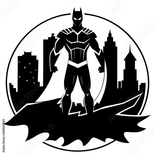 Superhero standing on a bat symbol with city skyline