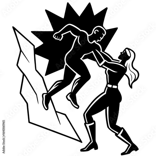Superheroes in combat on rocky terrain