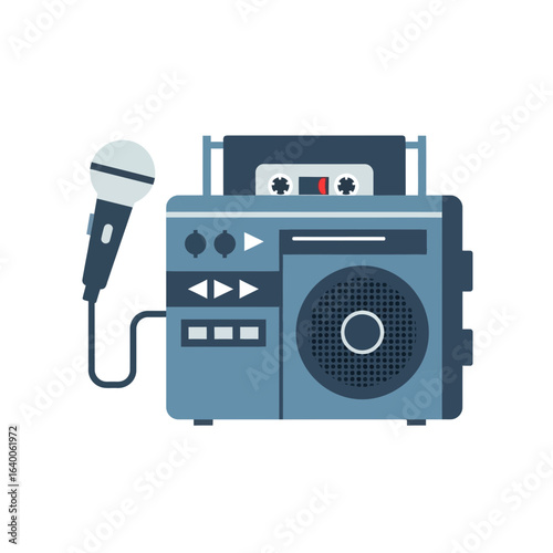 A retro boombox with a microphone and cassette tape.