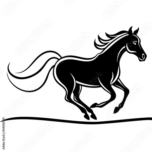 Elegant black horse silhouette galloping on a white background