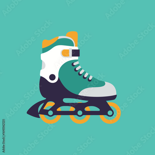 A single roller skate with four wheels on a teal background.