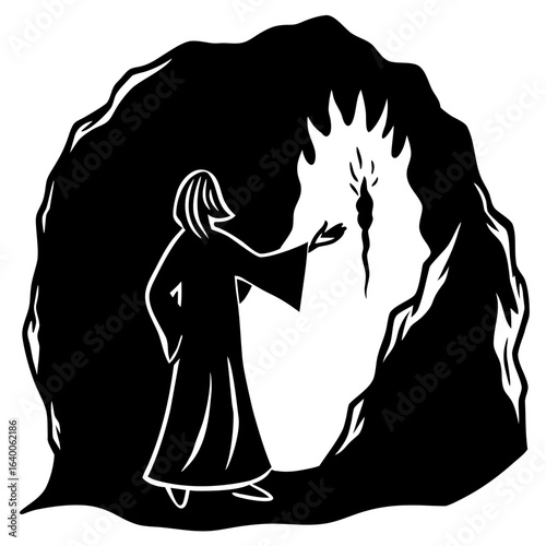 Figure reaching towards burning bush in cave
