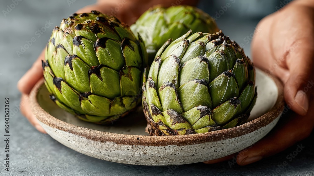 Obraz premium Freshly cut blue agave pias presented by an agave farmer on a ceramic plate
