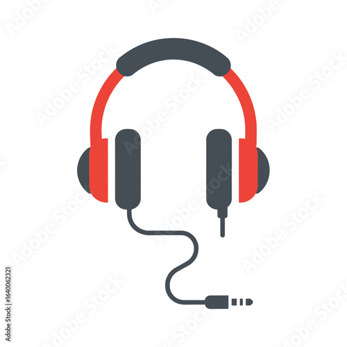 Red and black headphones with a cord and microphone.