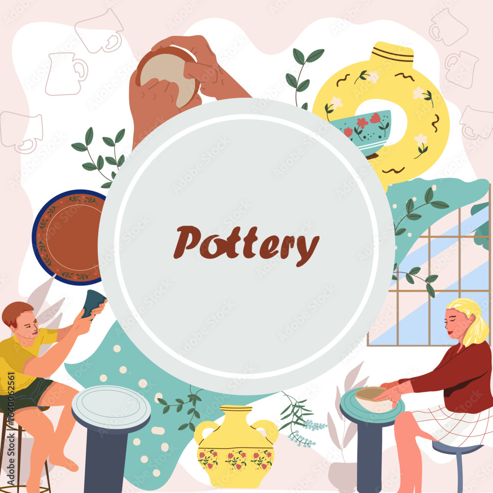Fototapeta premium Background with meme for text, ceramics, pottery, hand drawn vector illustration.