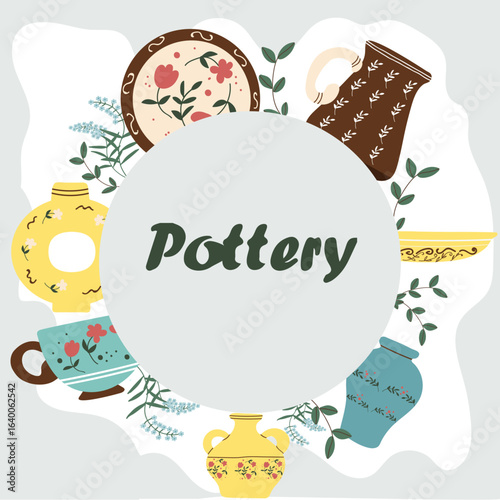 Background with meme for text, ceramics, pottery, hand drawn vector illustration.