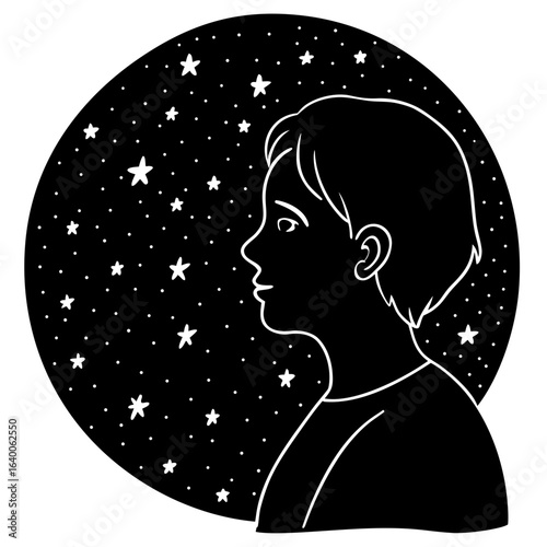 Child gazing at a starry night sky