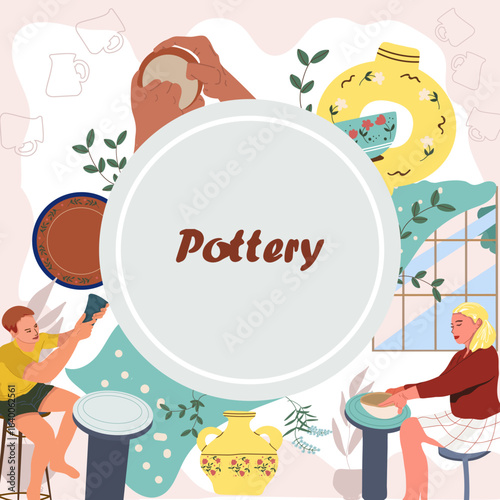 Background with meme for text, ceramics, pottery, hand drawn vector illustration.