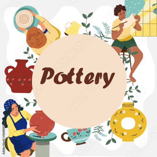 Background with meme for text, ceramics, pottery, hand drawn vector illustration.