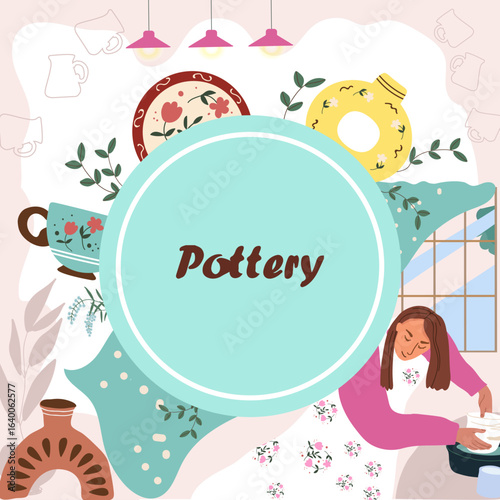 Background with meme for text, ceramics, pottery, hand drawn vector illustration.