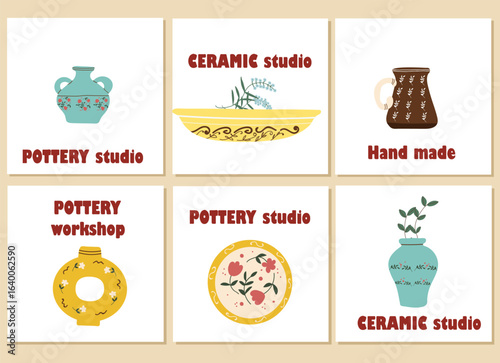 Postcards, cards set, Pottery workshop concept, invitation, pottery party. Hand drawn flat vector illustration.