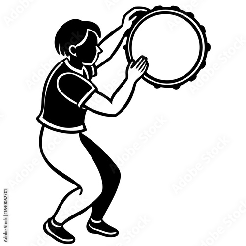 Person playing a tambourine with enthusiasm