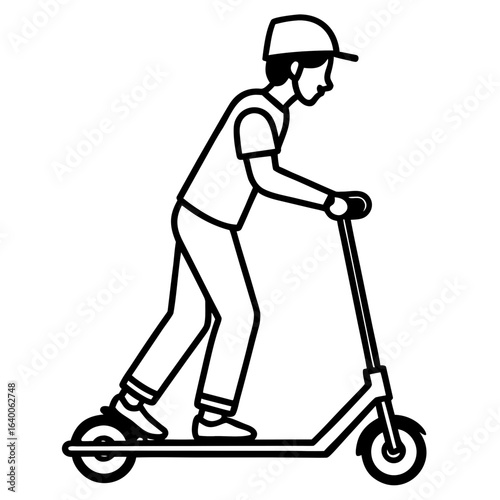 Person riding a kick scooter with a baseball cap