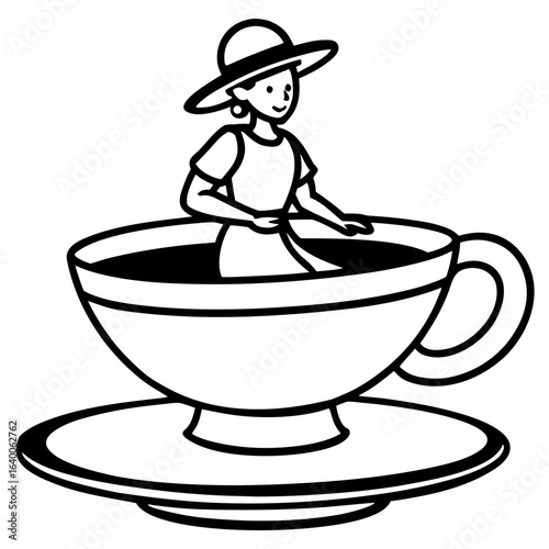 Woman in a hat relaxing in a giant teacup