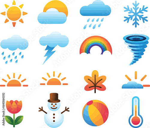 Collection of flat design weather icons representing diverse atmospheric conditions and seasons