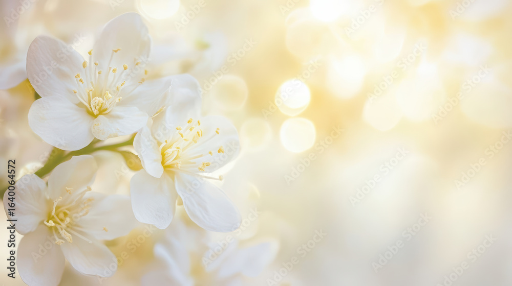Fototapeta premium Delicate white flowers with soft yellow highlights create serene and calming atmosphere, perfect for evoking feelings of peace and tranquility. soft bokeh background enhances their beauty