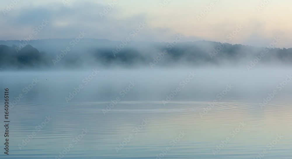 Fototapeta premium Gentle ripples on a tranquil lake, cool blue and green tones, misty