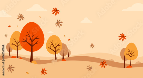 Autumn golden landscape park with park trees and falling maple leaves poster. Minimal fall horizontal background. Vector illustration. Perfect for seasonal banners. Not AI
