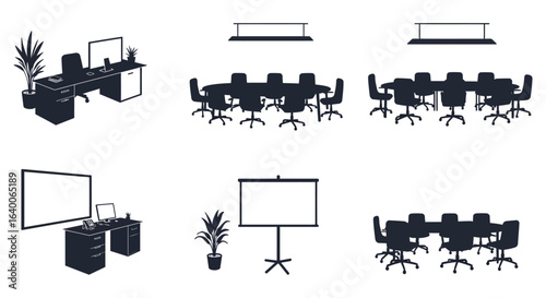Office Furniture and Meeting Room Equipment Vector Illustration Set silhouette