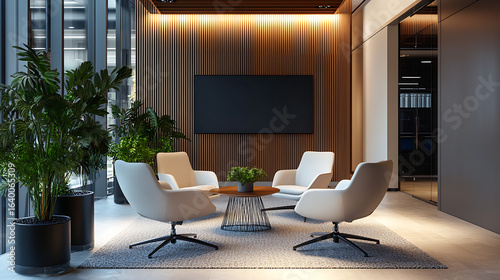 Modern office interior design meeting room chairs table plants wood wall decor architecture space | empty screen perfect for personalized branding