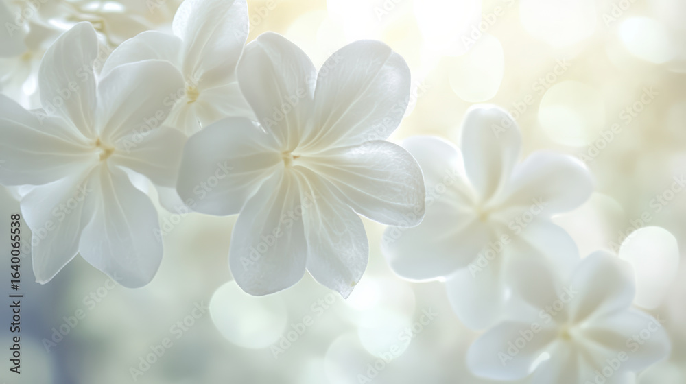 Fototapeta premium Delicate white flowers with gentle petals radiating soft glow, creating serene and tranquil atmosphere. blurred background enhances their beauty and elegance