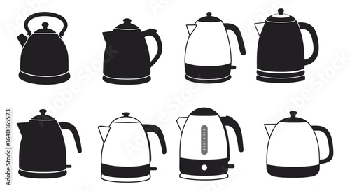 Collection of Various Kettle Designs in Black and White Silhouette Style silhouette
