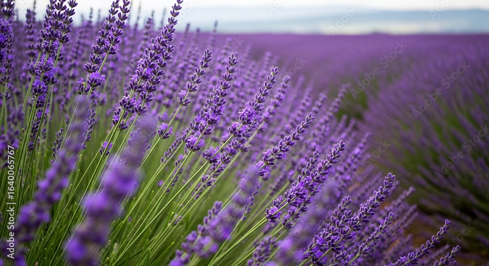 Obraz premium Stunning Field of Lavender Flowers Blooming Under a Cloudy Sky Purple Hues and Serene Landscape Photography