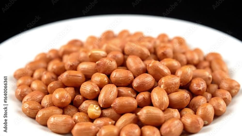 Peanuts fill a white plate against a dark background showcasing their shiny brown shells and wrinkled texture Peanuts fill a white plate against a dark background showcasing their shiny brown shells and wrinkled texture