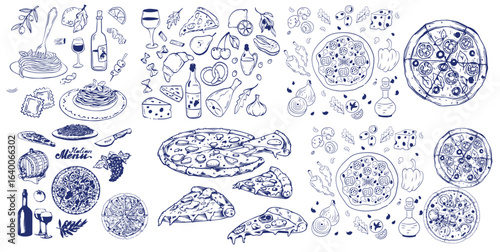 A charming collection of hand-drawn illustrations showcasing classic Italian cuisine elements. With detailed drawings of pizza, pasta, olive oil, and other iconic ingredients, this image captures the 
