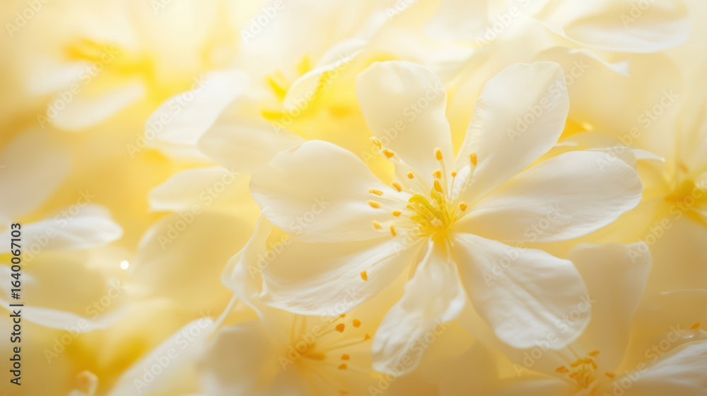 Obraz premium Soft yellow tones on delicate white petals evoke serene and calming atmosphere, perfect for nature lovers and floral enthusiasts. gentle hues create peaceful backdrop