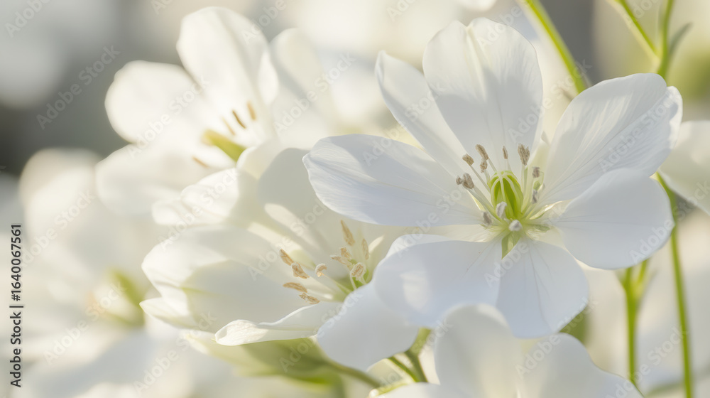 Fototapeta premium Tranquil close up of white flowers showcasing their beauty and delicate details, evoking sense of peace and serenity in nature