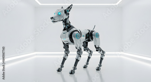 Sleek robotic canine companion with glowing blue eyes stands ready in a modern, minimalist studio environment.