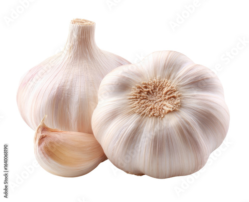 Two fresh garlic bulbs, one slightly offset, on a plain background