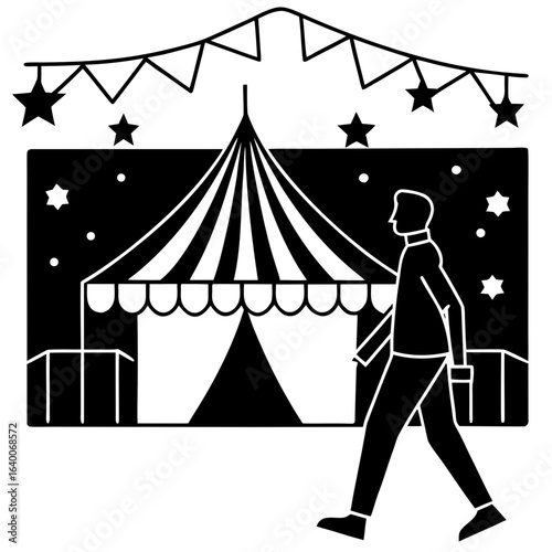 Person walking towards a festive circus tent under starry night sky
