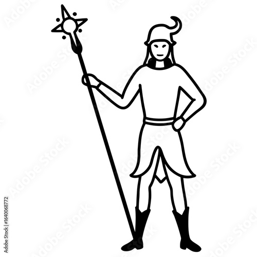 Stylized figure holding a star topped staff