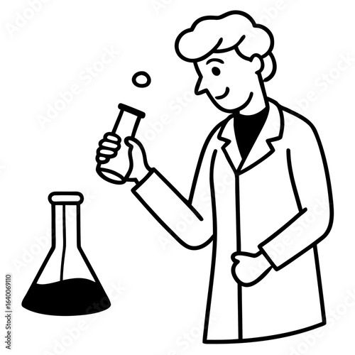 Scientist in lab coat conducting experiment with flasks