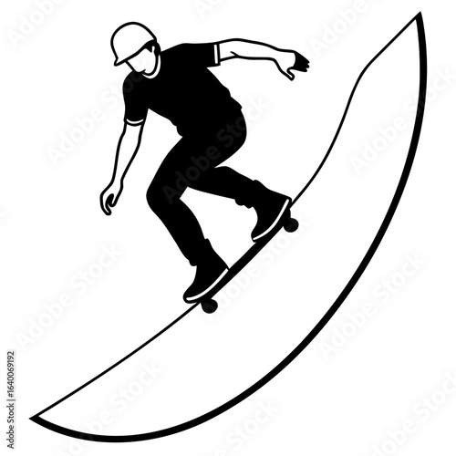 Skateboarder riding a curved ramp in a dynamic silhouette