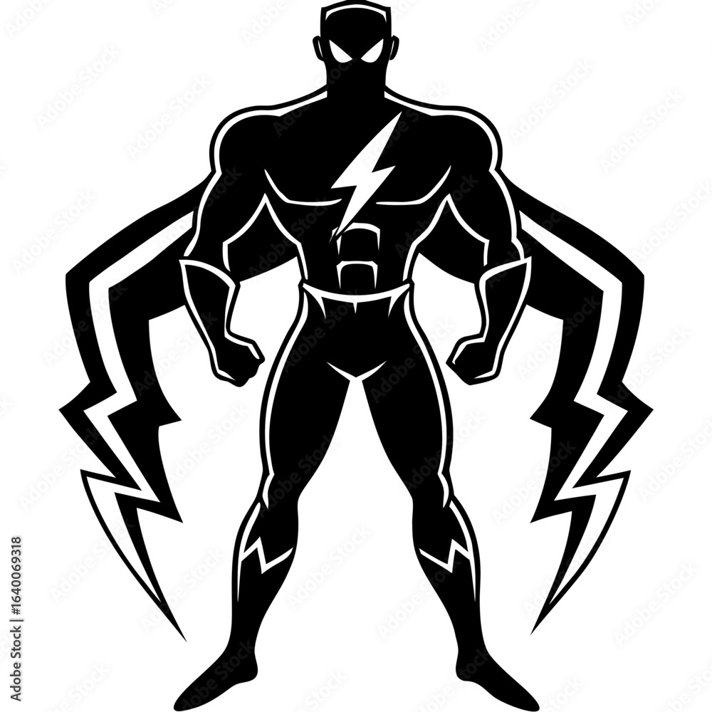 Fototapeta premium Powerful superhero with lightning cape and bolt emblem