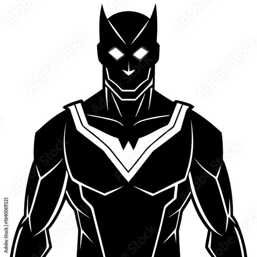Sleek black superhero with glowing eyes and bat symbol